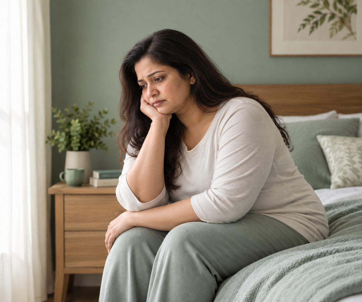 A woman sitting on the edge of her bed looking tired and thoughtful